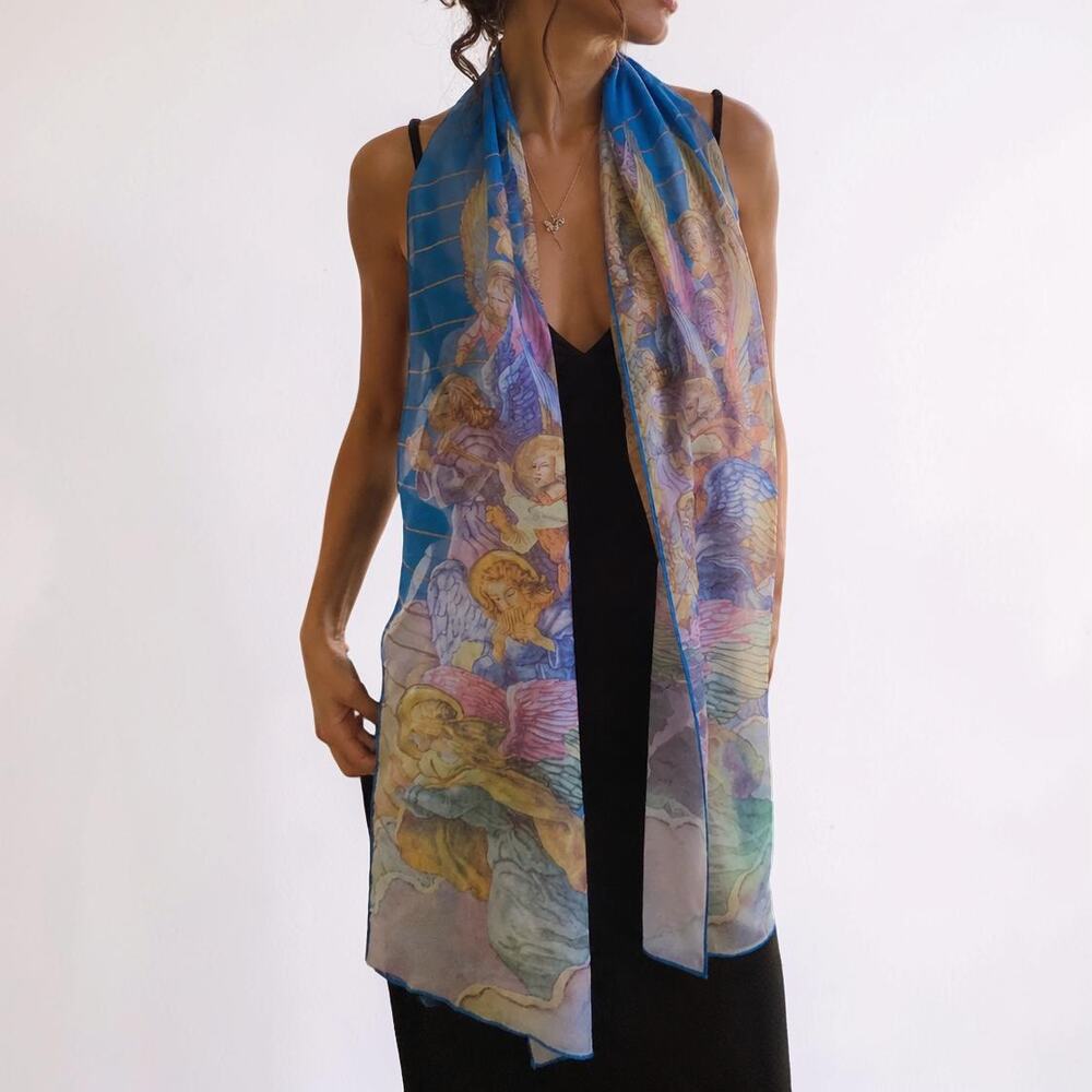 Y2K Sheer Angel Print Chiffon Oblong Scarf Blue Religious Art Wrap